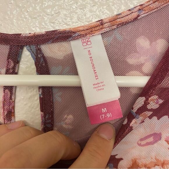 No Boundaries burgundy red Floral Mesh bell Ruffle Sleeve Blouse sheer whimsy M - Picture 8 of 8